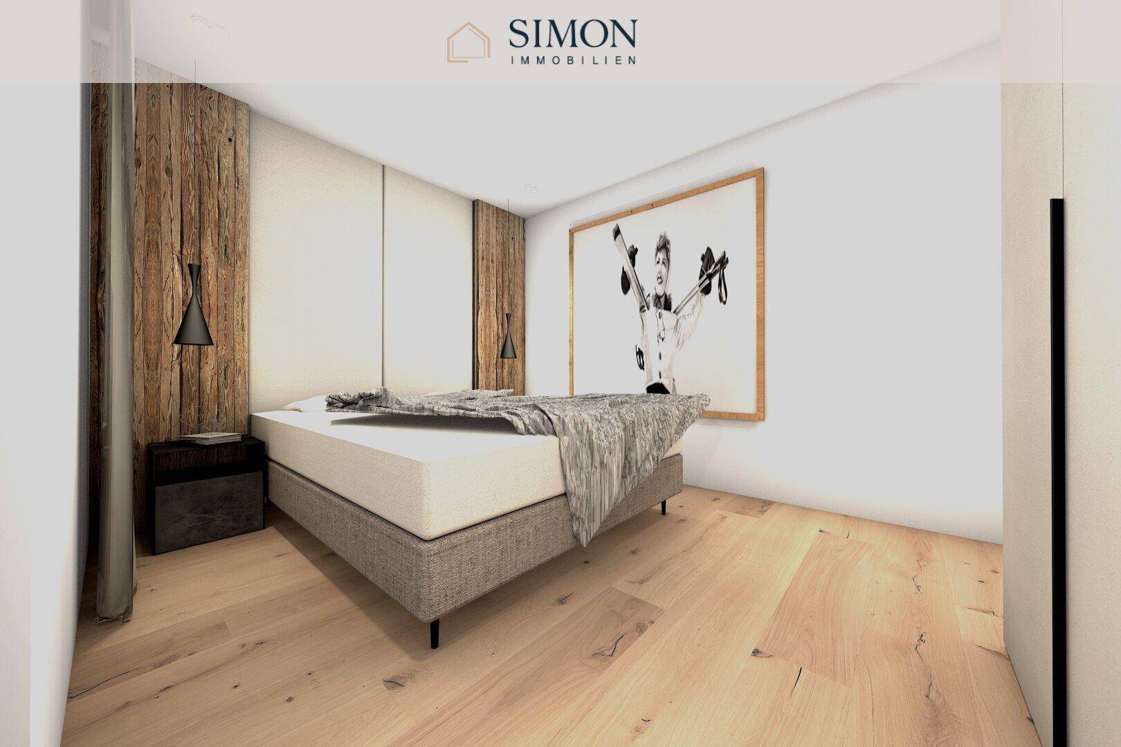 Helles Schlafzimmer mit Holzakzentwand, Parkettboden und modernem Bett.