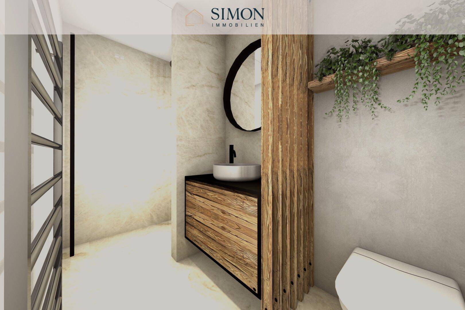 Modernes Badezimmer mit Holzwaschtisch, rundem Spiegel und beheiztem Handtuchhalter.