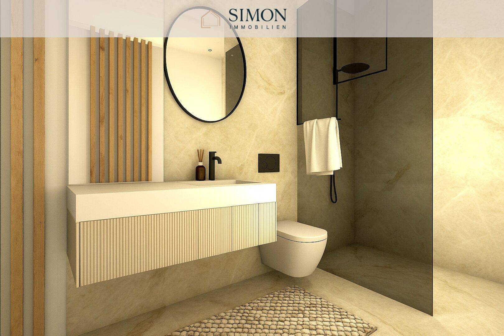 Modernes Badezimmer mit begehbarer Dusche, elegantem Waschtisch und Spiegel.