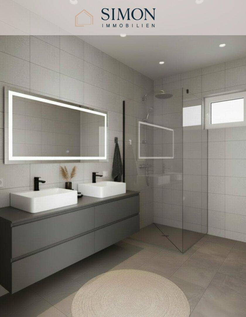 Modernes Badezimmer mit Doppelwaschbecken, beleuchtetem Spiegel und ebenerdiger Dusche, gefliest.