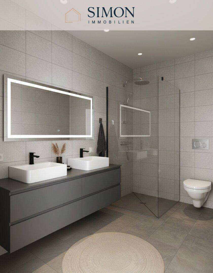 Modernes Badezimmer mit grauen Fliesen, Doppelwaschbecken und ebenerdiger Dusche.