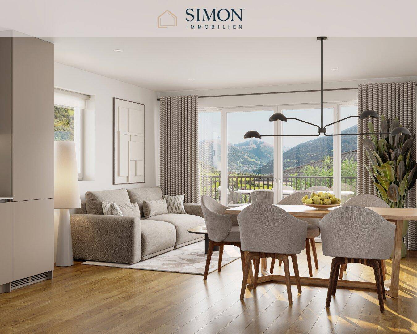 Heller Wohn- und Essbereich mit Holzboden, modernen Möbeln und weitem Bergblick.