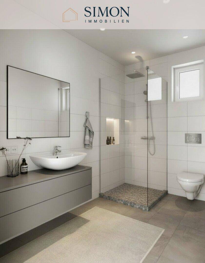 Modernes Badezimmer mit begehbarer Dusche, Wand-WC und großem Waschtisch mit Spiegel.