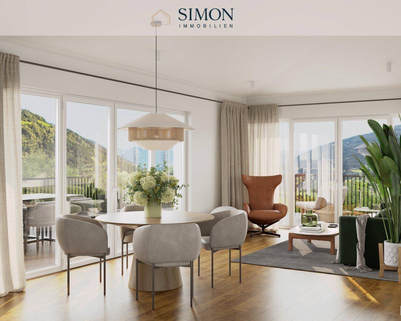 Lichtdurchfluteter Wohn- und Essbereich mit Holzboden, modernen Möbeln und weitem Bergblick.
