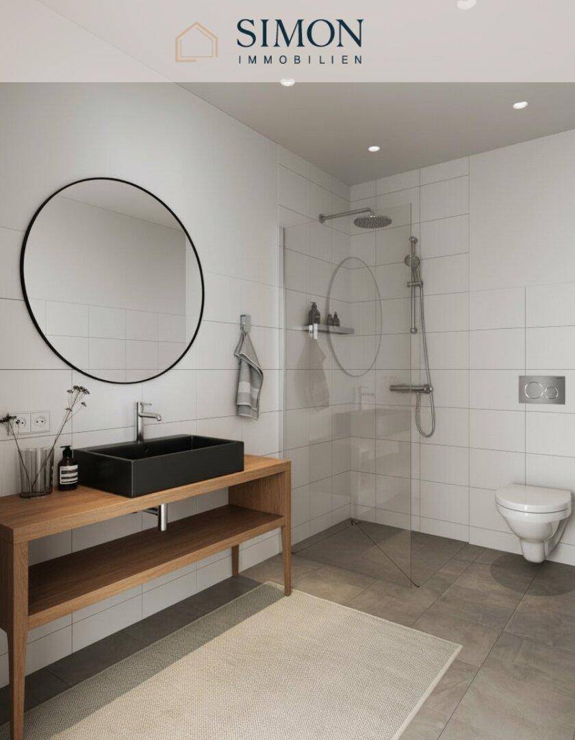 Modernes Badezimmer mit ebenerdiger Dusche, stilvollem schwarzen Waschbecken und Holzelementen.