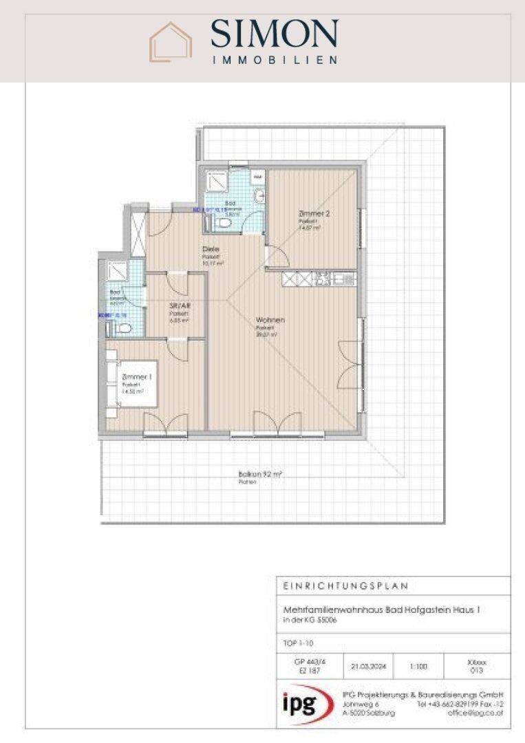 Einrichtungsplan einer Wohnung mit zwei Zimmern, offenem Wohnbereich und großem Balkon.
