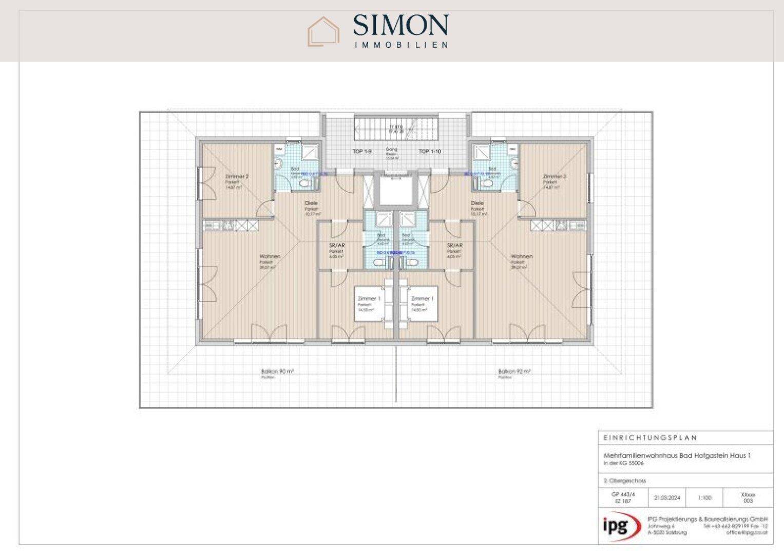Einrichtungsplan einer Etage mit zwei spiegelverkehrten Wohnungen, jeweils mit Balkon und offenem Wohnbereich.