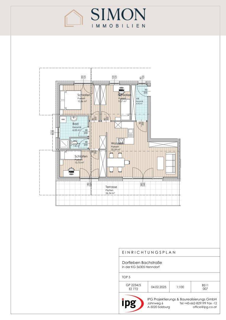 Detaillierter Grundriss einer Wohnung mit drei Schlafzimmern, offenem Wohnbereich und großer Terrasse.