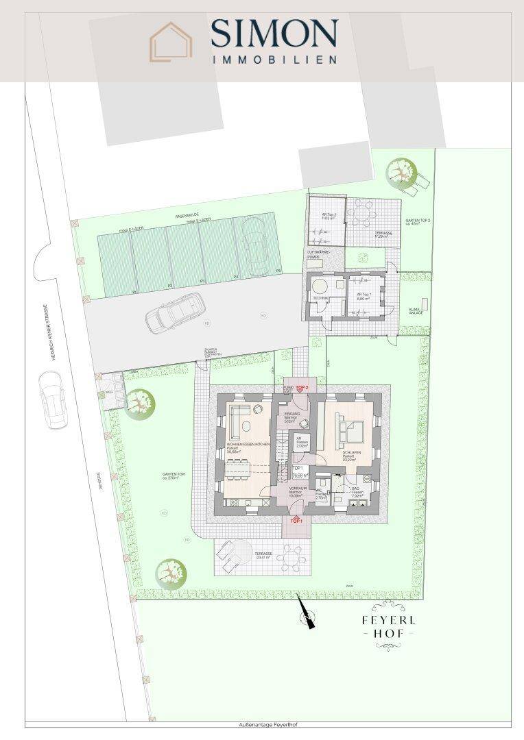 Detaillierter Lageplan des gesamten Grundstücks mit Gebäuden, Garten und Zufahrt.