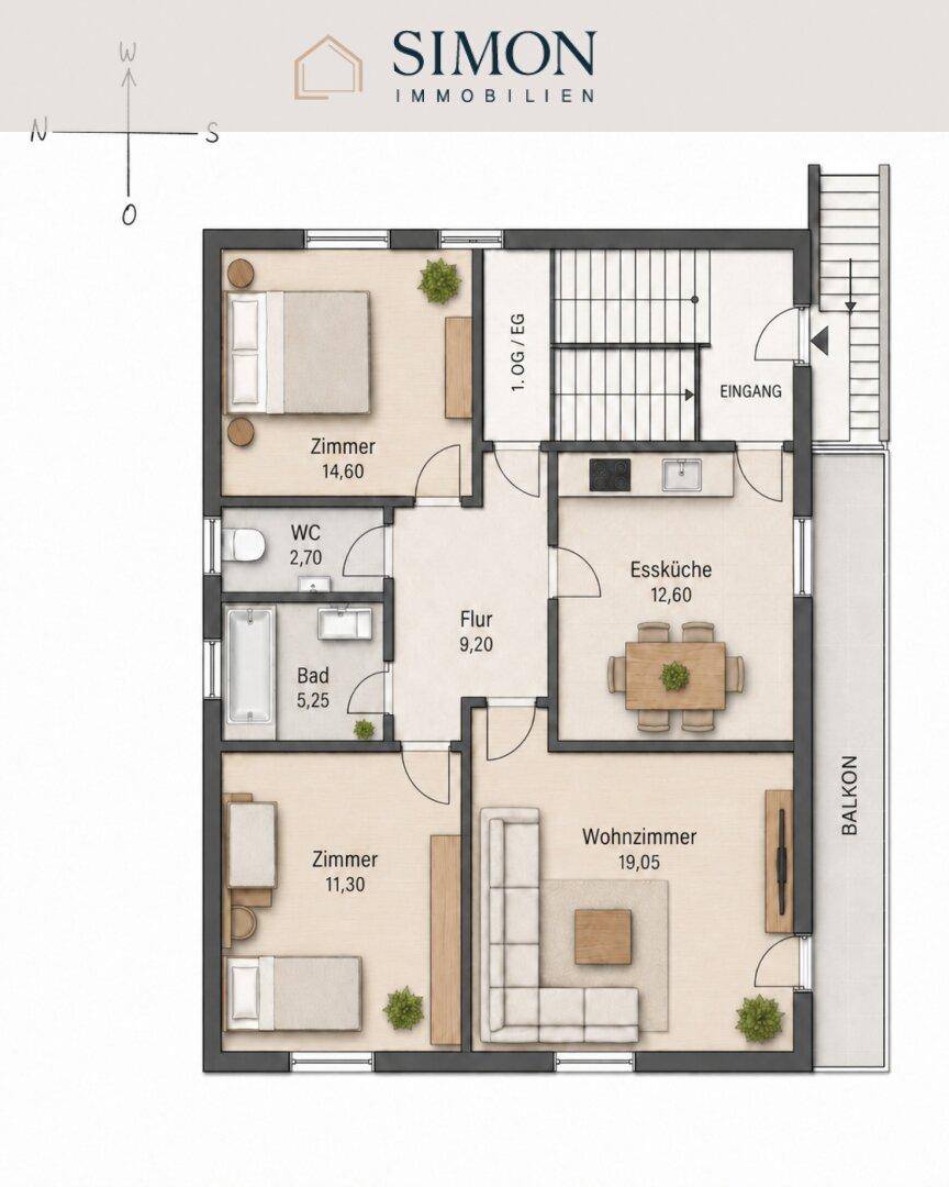 Grundriss der ersten Etage mit zwei Schlafzimmern, Wohnzimmer, Essküche, Bad, separatem WC und Balkon.