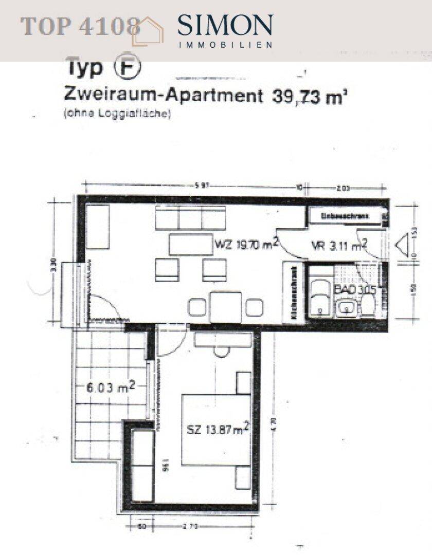 Grundriss eines Zweizimmer-Apartments mit Wohnzimmer, Schlafzimmer und Bad.