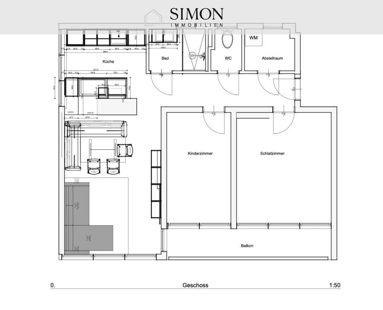 Grundriss der Wohnung mit Küche, Bad, WC, Abstellraum, Kinderzimmer und Schlafzimmer.