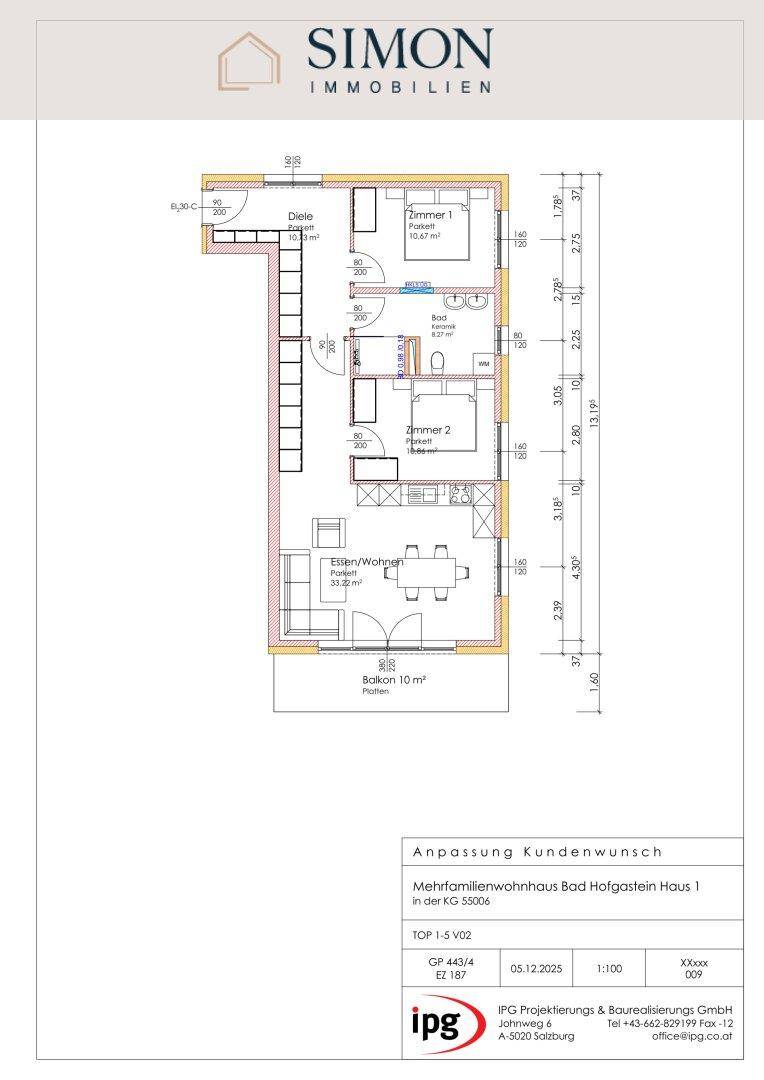 Grundriss einer Wohnung mit zwei Schlafzimmern, offenem Wohnbereich und Balkon.