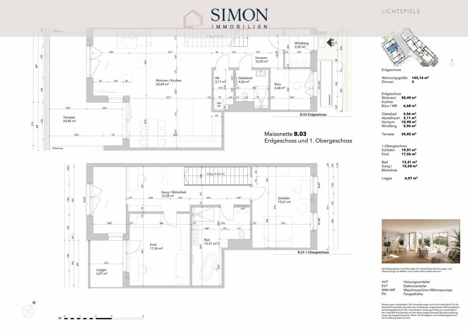 Detaillierter Grundriss einer Maisonette-Wohnung mit Erdgeschoss und 1. Obergeschoss.