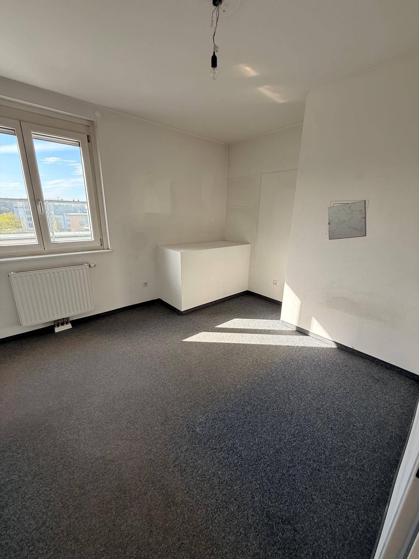 Leeres Zimmer mit dunklem Teppichboden und einem Fenster, das für natürliche Belichtung sorgt.