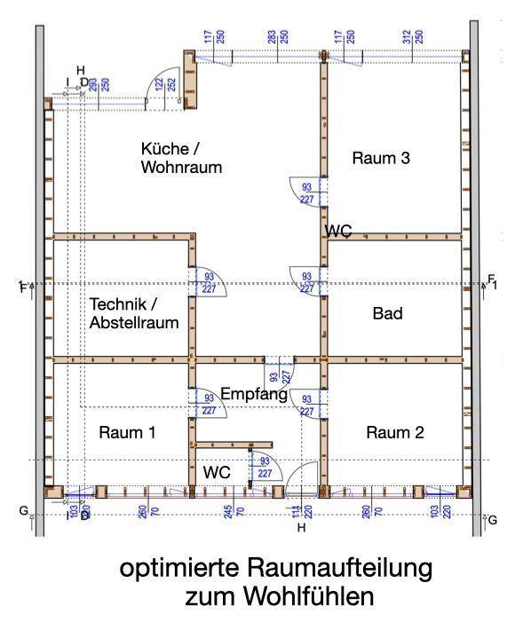 Grundriss mit optimierter Raumaufteilung, inklusive Küche, Wohnraum, Bädern und weiteren Zimmern.