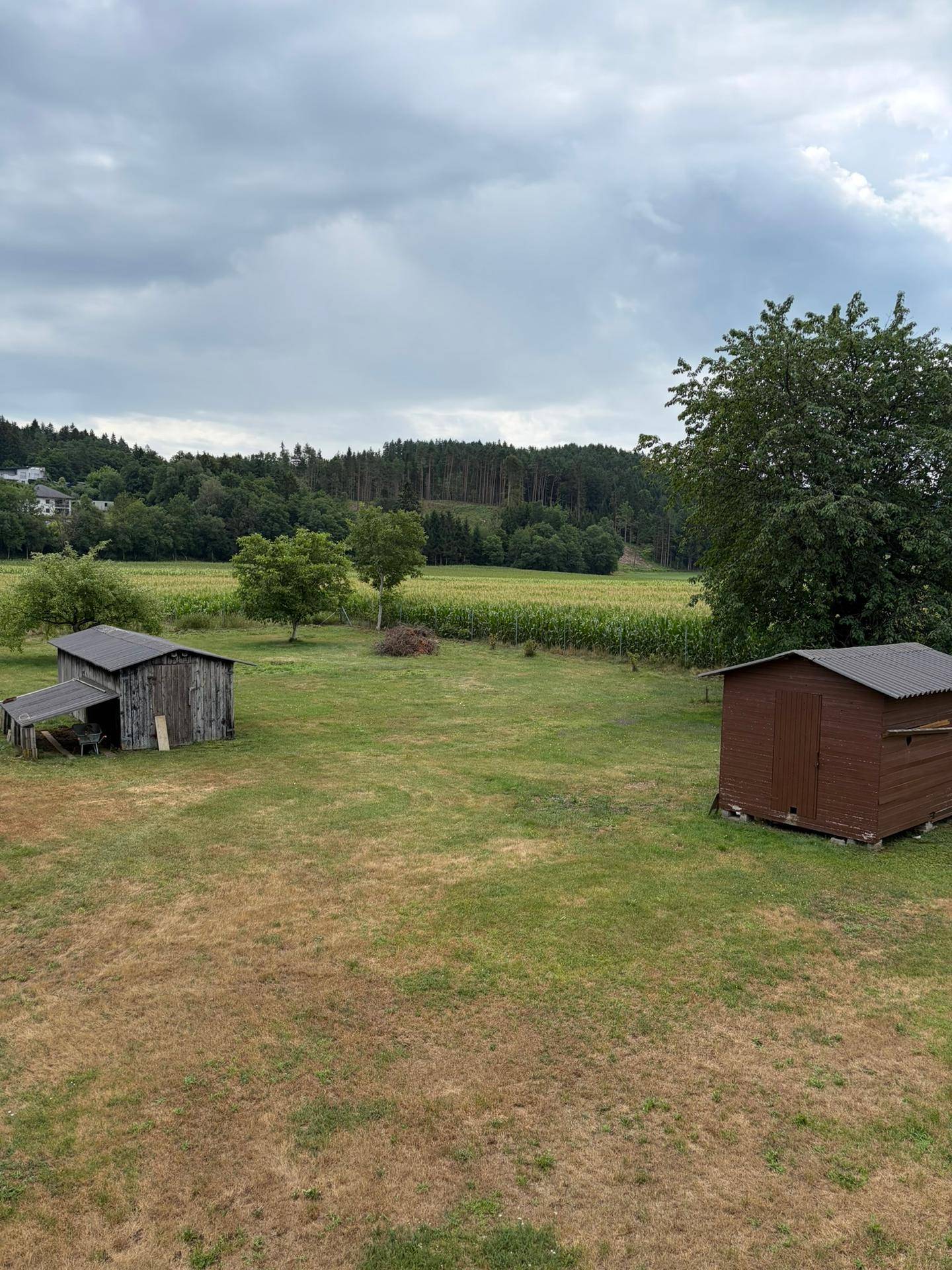 Weitläufiger Gartenbereich mit zwei Holzschuppen und Blick auf Felder und Wälder in der Ferne.