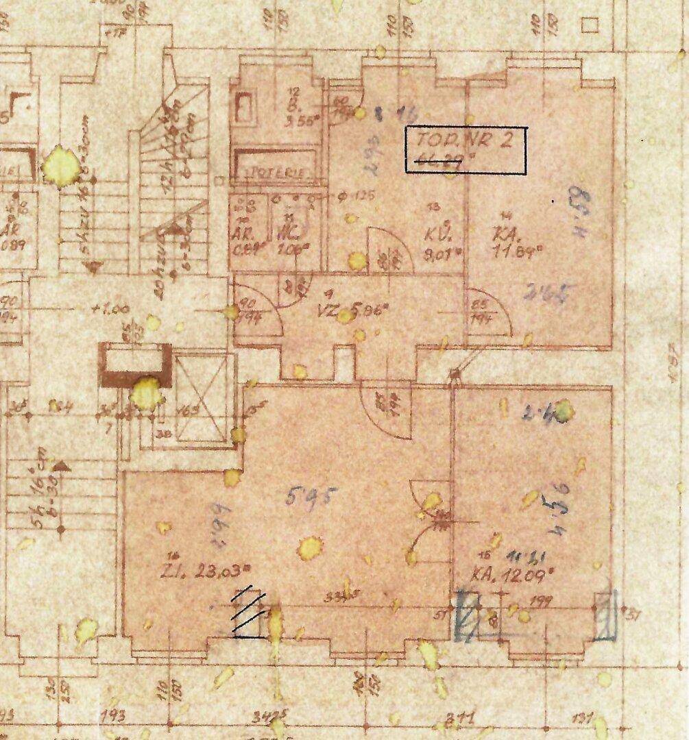 Historischer Grundriss der Wohnung "Top Nr. 2" mit Raumaufteilung.