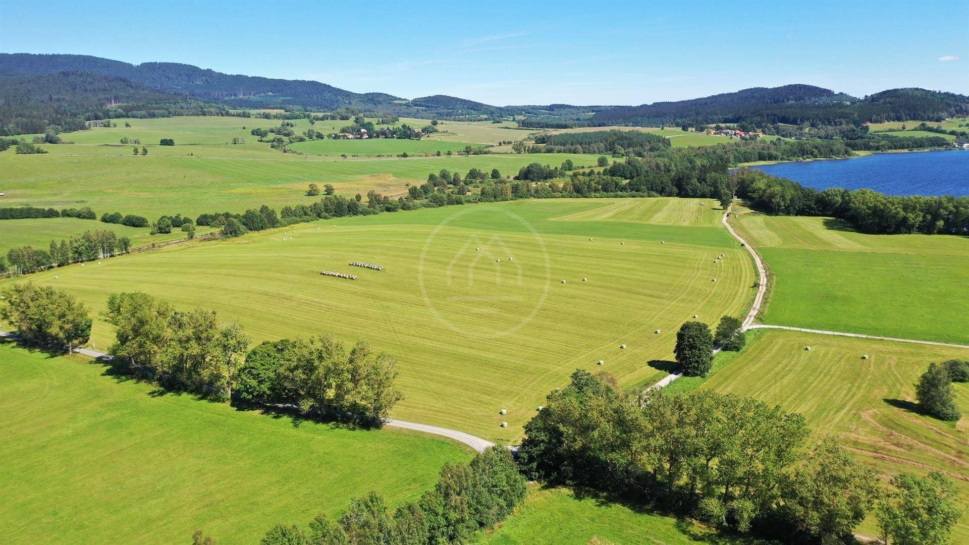 Luftaufnahme einer malerischen Landschaft mit ausgedehnten grünen Feldern, einem See und einer kurvigen Straße.