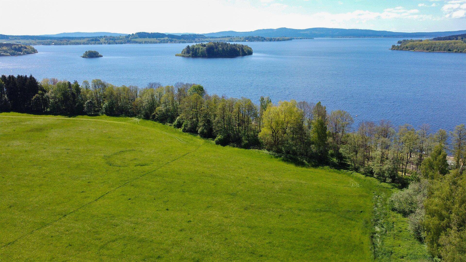 Panoramablick auf einen ruhigen See, umgeben von saftig grünen Wiesen und dichten Baumreihen.