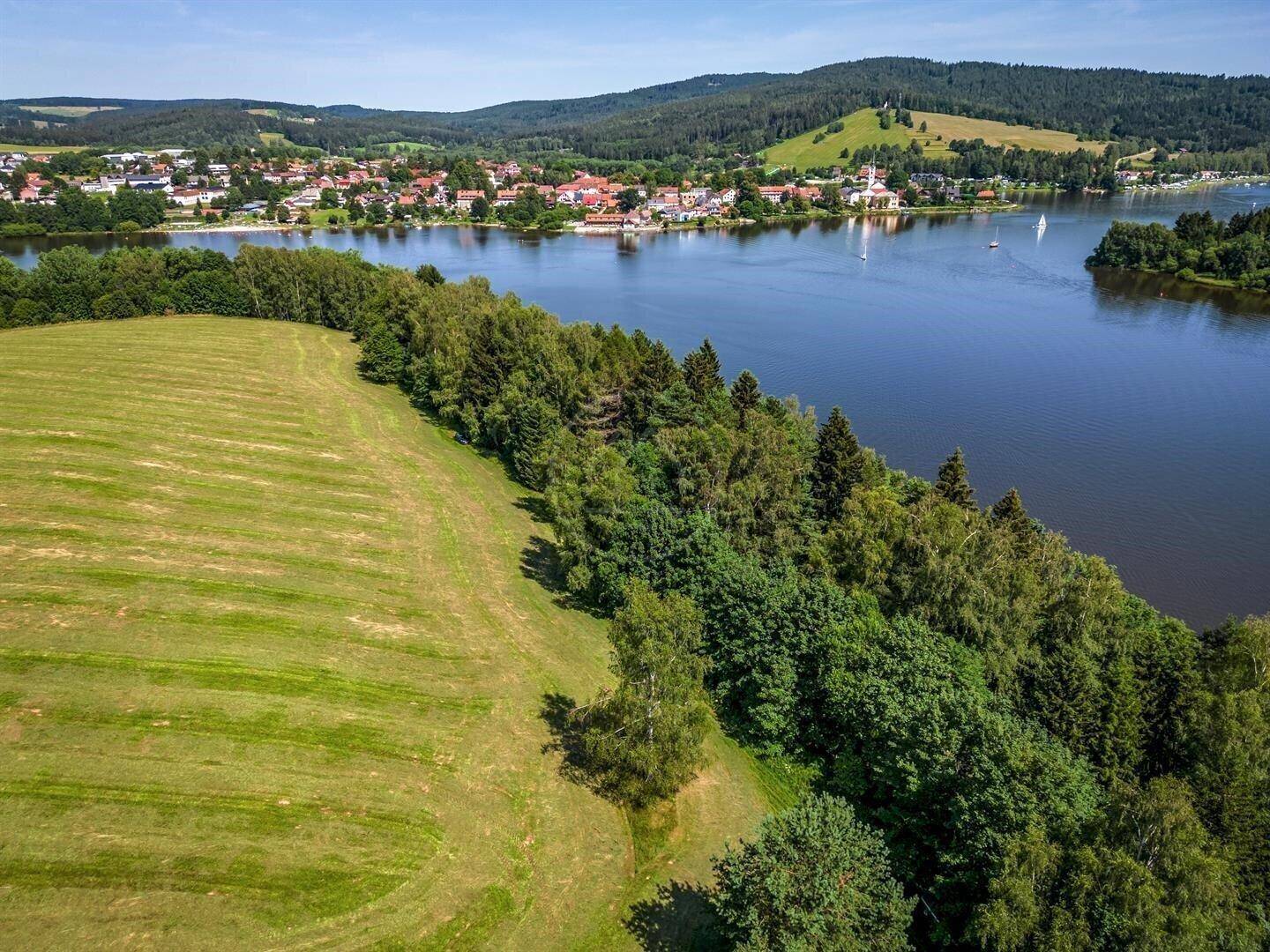 Luftaufnahme einer weiten grünen Wiese neben einem Waldstreifen, angrenzend an einen See mit Ortschaft.