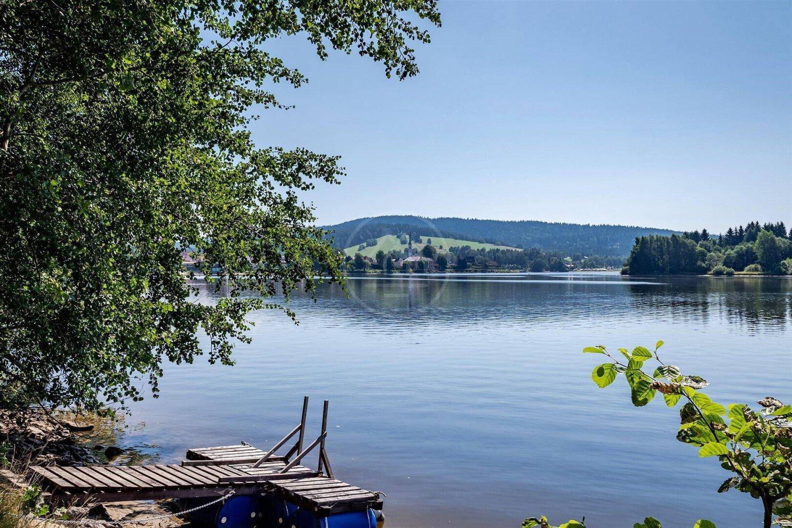 Ruhiger Seeblick mit einem kleinen Holzsteg im Vordergrund, umgeben von üppiger Vegetation.