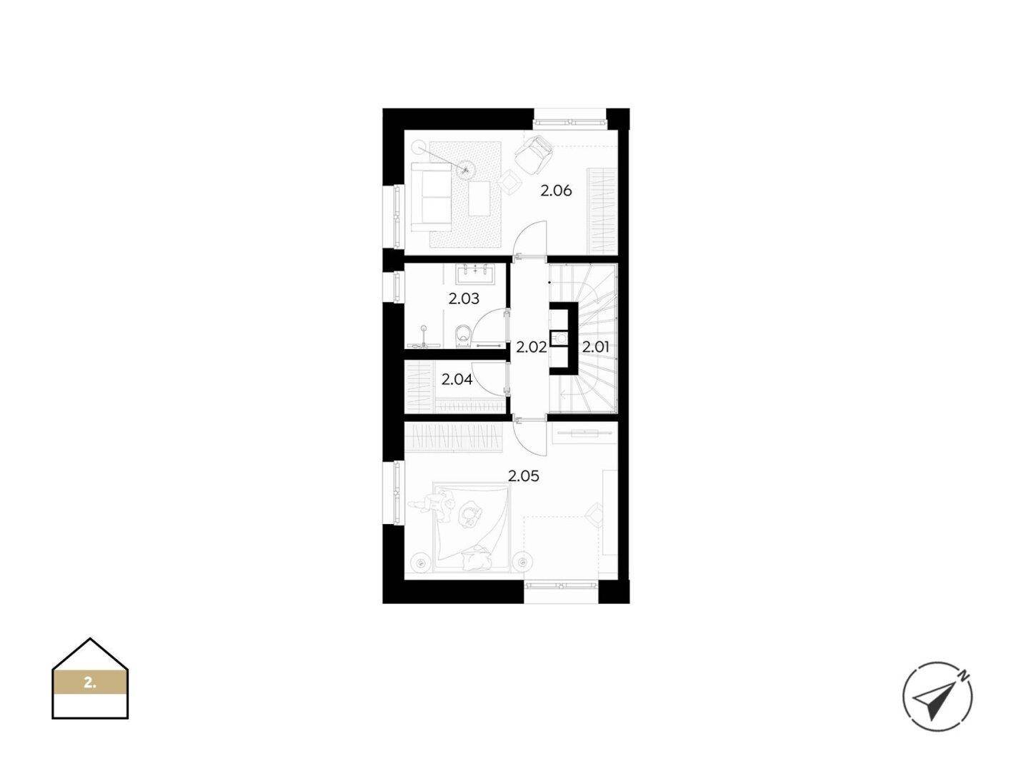 Grundriss des ersten Obergeschosses mit Schlafzimmern und Badezimmern.