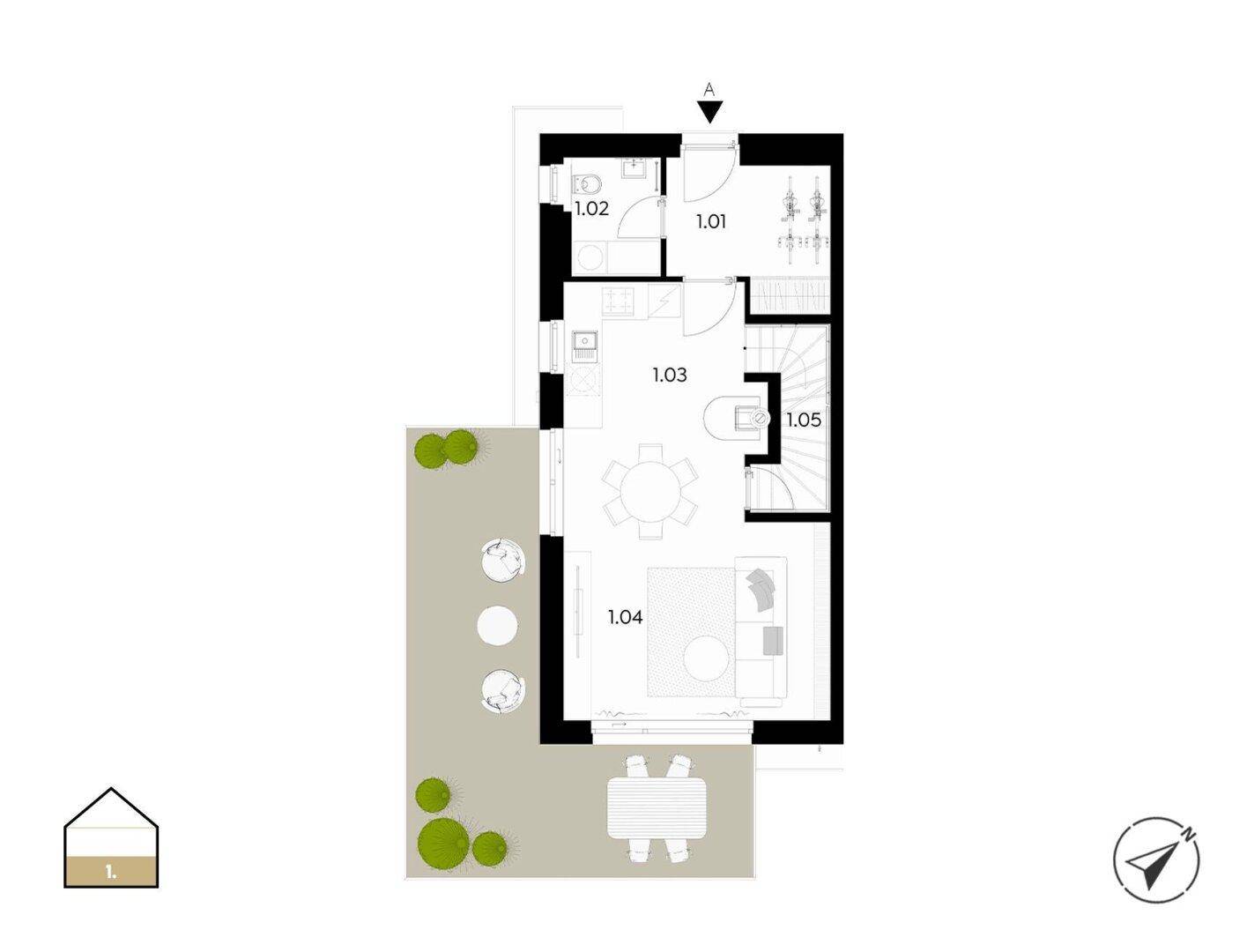 Grundriss des Erdgeschosses mit offenem Wohnbereich, Esszimmer und Zugang zum Garten.