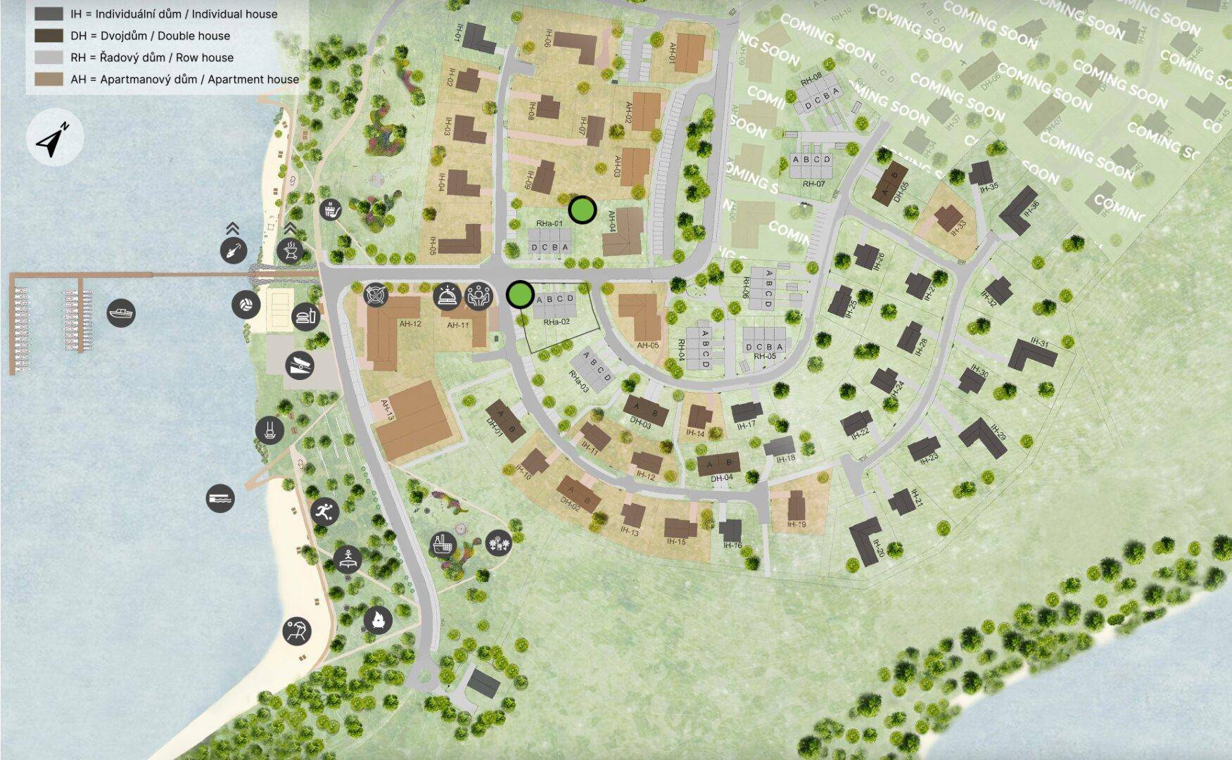 Übersichtsplan der Wohnanlage am See mit verschiedenen Haustypen und Infrastruktur.