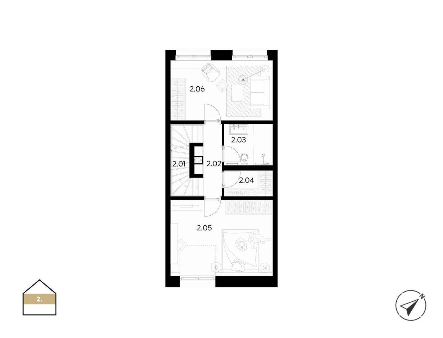 Grundriss des Obergeschosses mit Schlafzimmern und Badezimmern, verbunden durch eine Treppe.