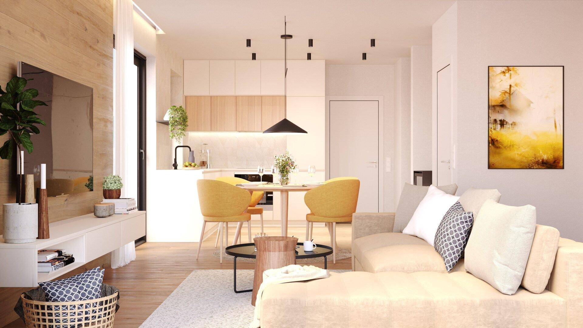 Offener Wohnbereich mit beigem Sofa, integrierter Küche und Essbereich in modernem Design.