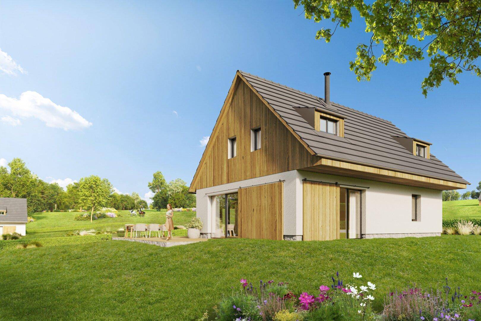 Visualisierung eines modernen Hauses mit Holzfassade, Terrasse und Blick auf die grüne Landschaft.