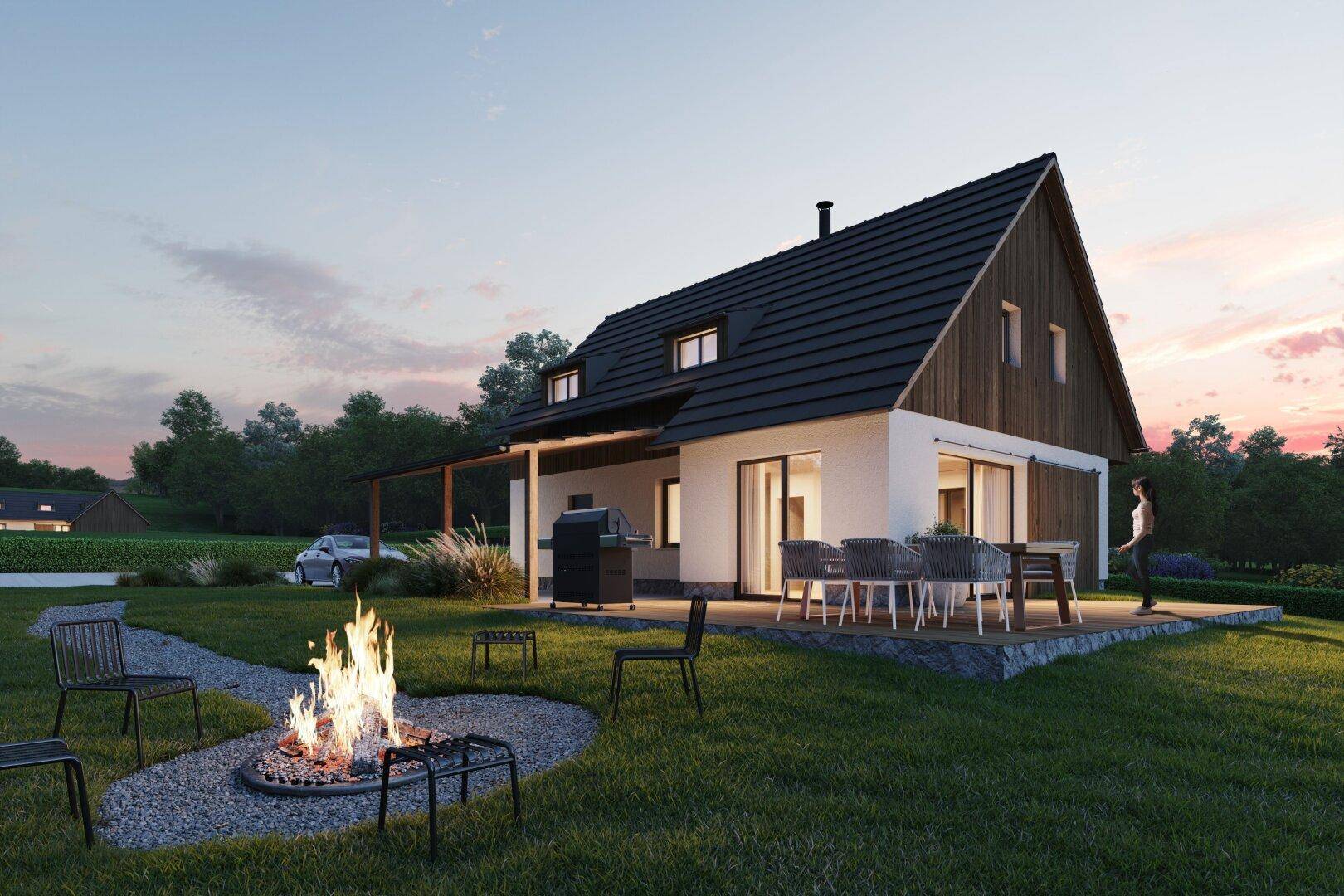 Abendliche Visualisierung eines Hauses mit beleuchteter Terrasse, Feuerstelle und Seeblick.