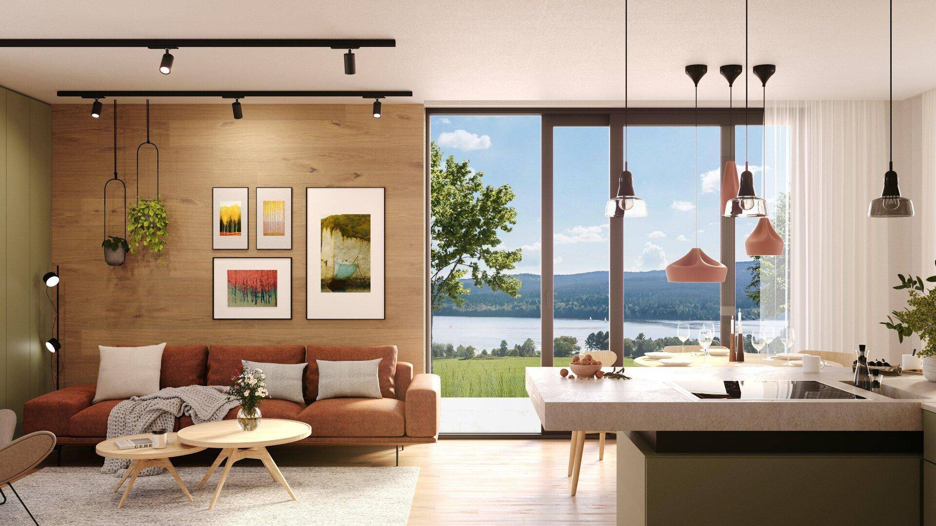 Moderner offener Wohn-Essbereich mit Seeblick, Holzwand und integrierter Küche.