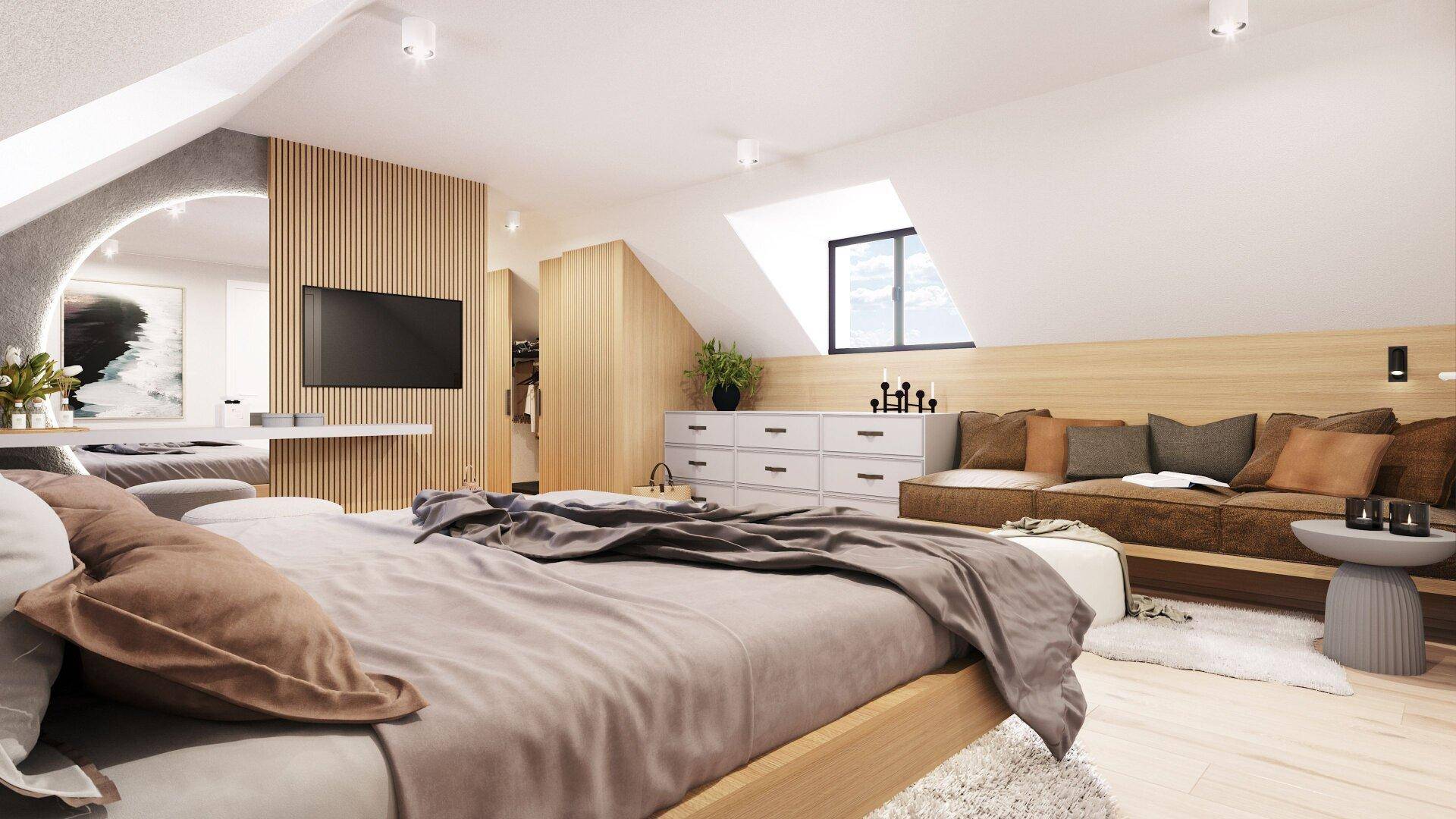 Geräumiges Schlafzimmer im Dachgeschoss mit Dachfenster, Holzelementen und Sitzbereich.