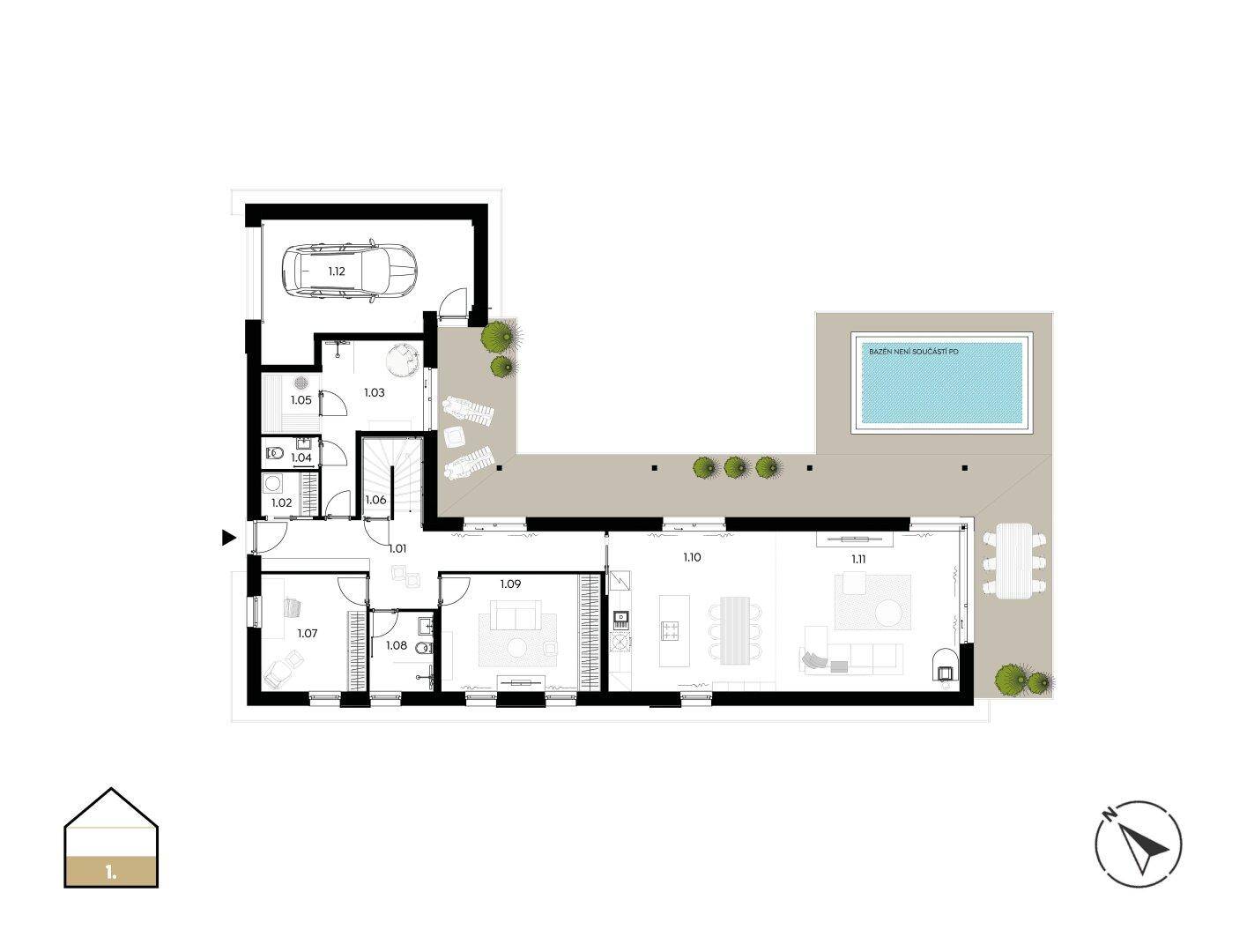 Grundriss des Erdgeschosses mit offenem Wohnbereich, Küche, Garage und Zugang zum Pool.