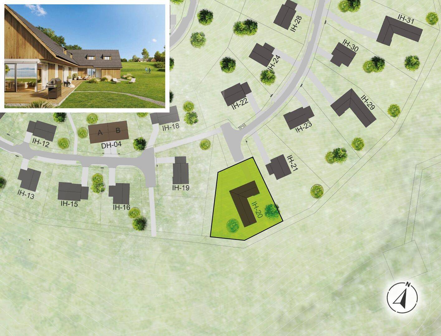 Detailansicht des Bebauungsplans mit hervorgehobenem Grundstück und einer Visualisierung des Hauses.