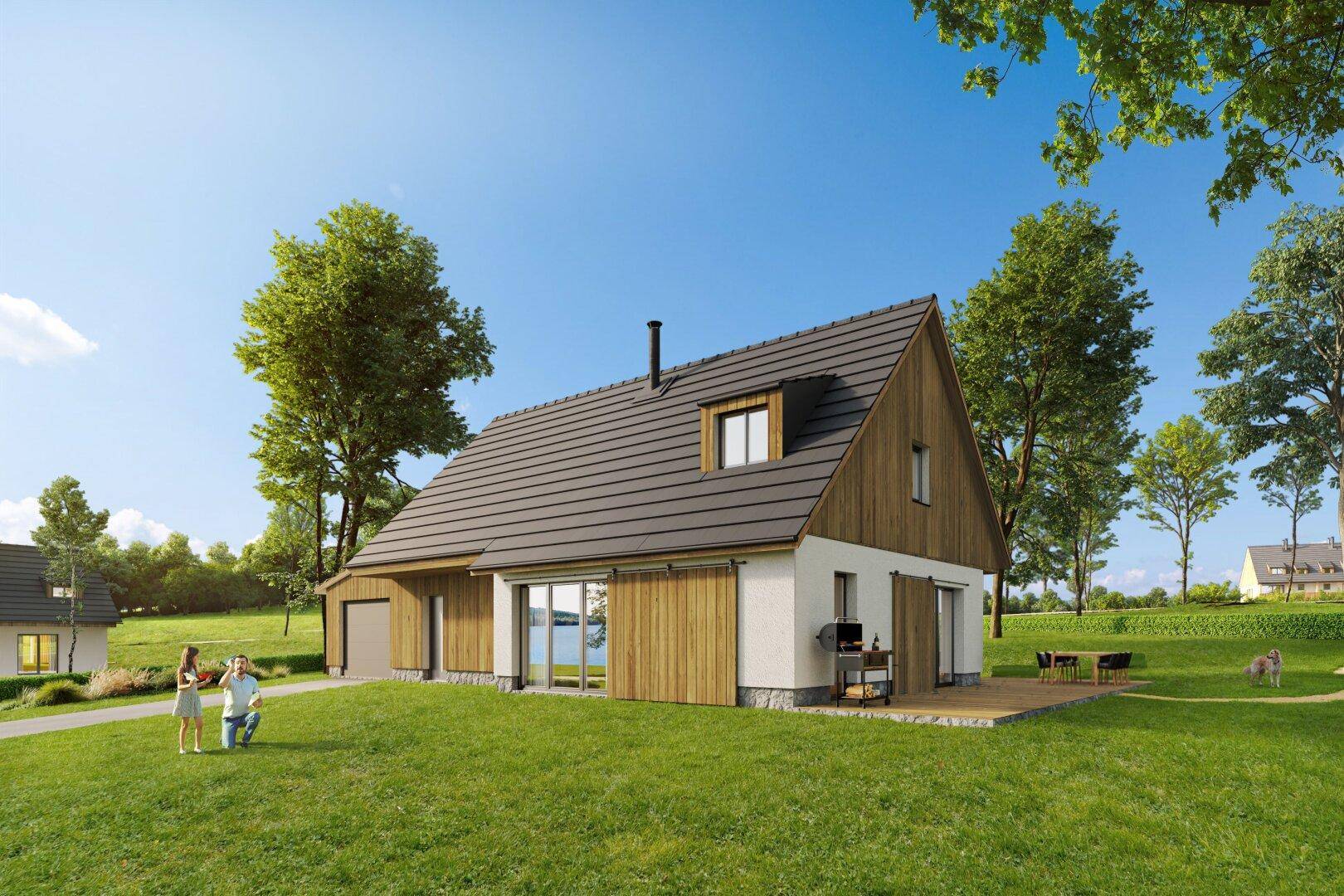 Attraktives Haus mit weißer Fassade und Holzverkleidung, umgeben von Rasen und mit Seeblick.