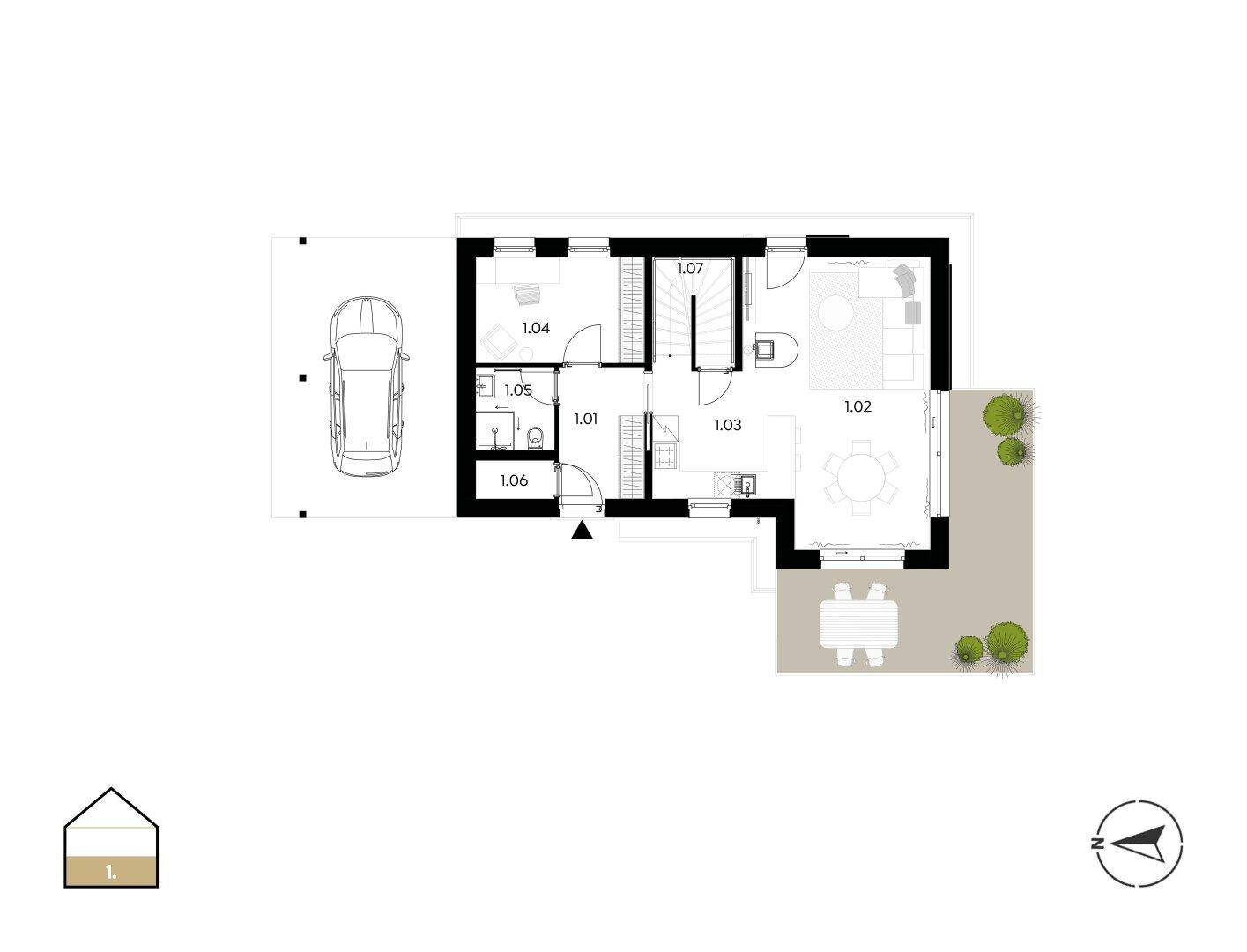 Grundriss des Erdgeschosses mit offenem Wohnbereich, Küche, Bad und Zugang zur Terrasse.