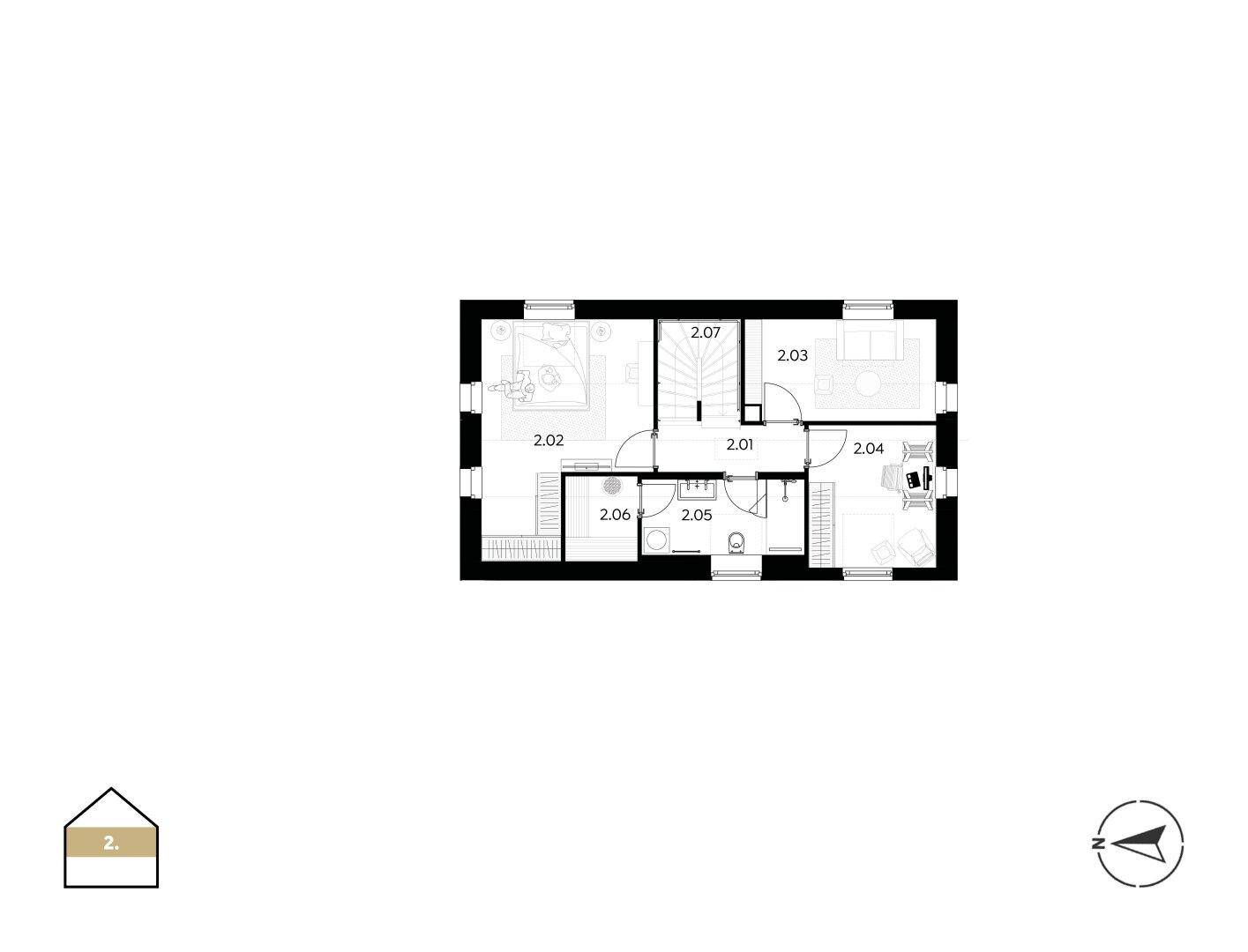 Grundriss des Obergeschosses mit Schlafzimmern, Bad und Dachschrägen, optimiert für Wohnraum.