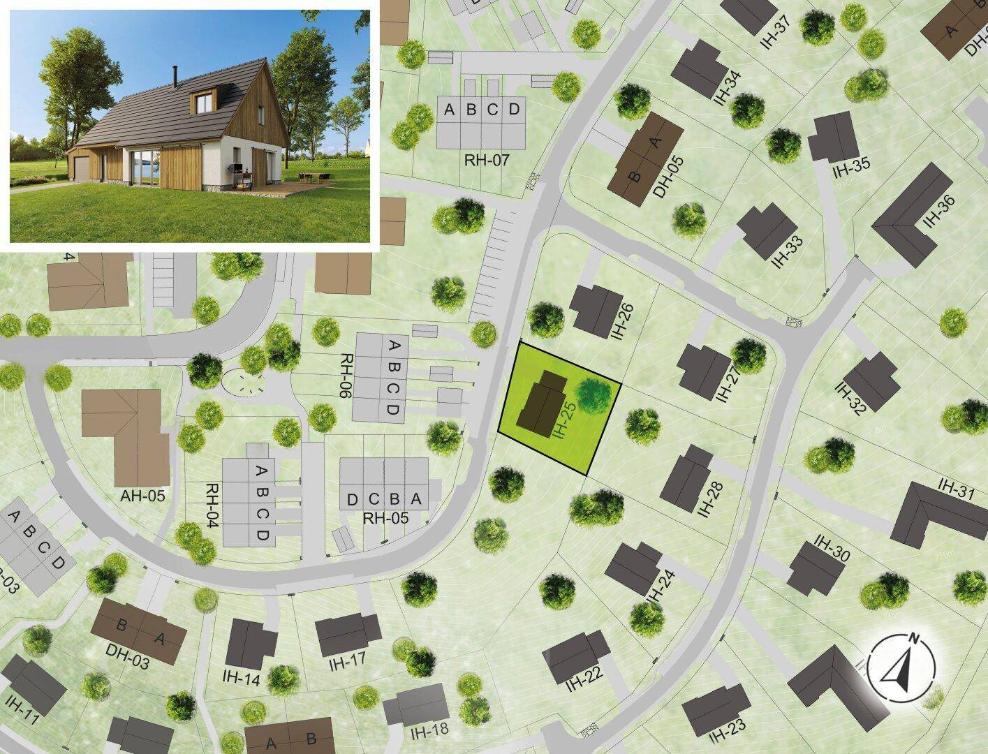 Lageplan der Siedlung mit hervorgehobenem Grundstück und einer Visualisierung des Hauses.