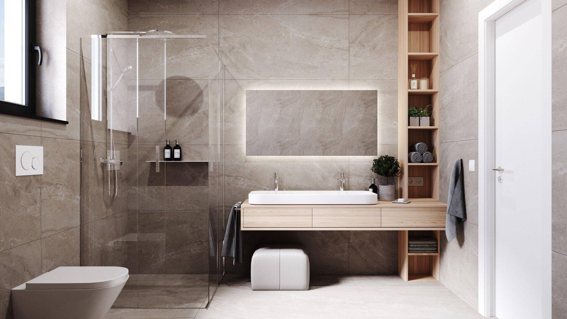Modernes Badezimmer mit begehbarer Dusche, Doppelwaschbecken und Holzregalen.