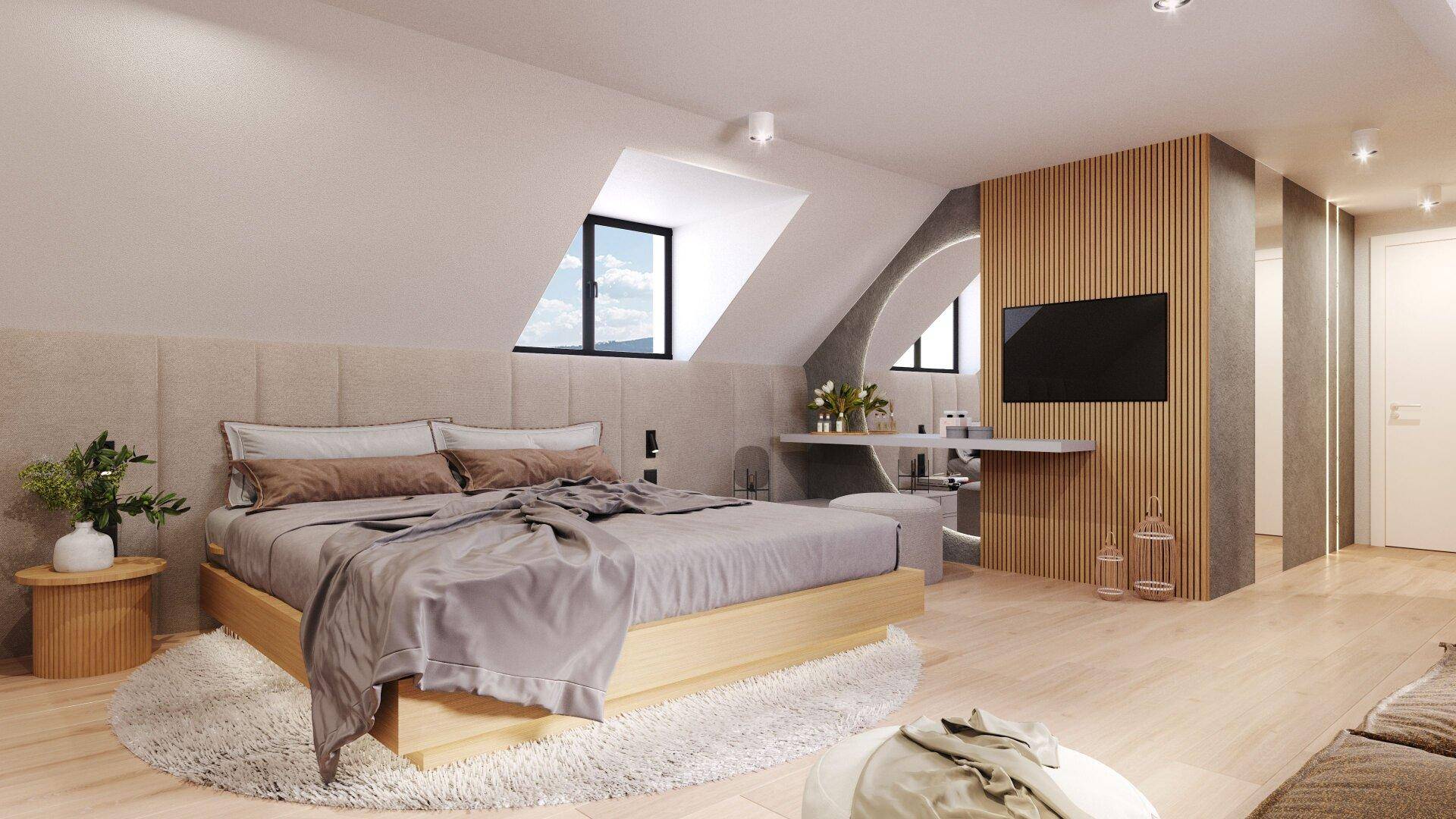 Geräumiges Schlafzimmer im Dachgeschoss mit Dachfenstern und Holzakzenten.