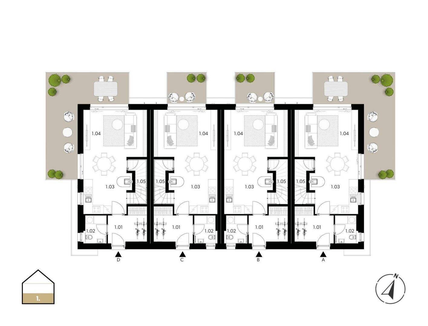 Grundriss des Erdgeschosses mit offenem Wohnbereich und Terrassenzugang.