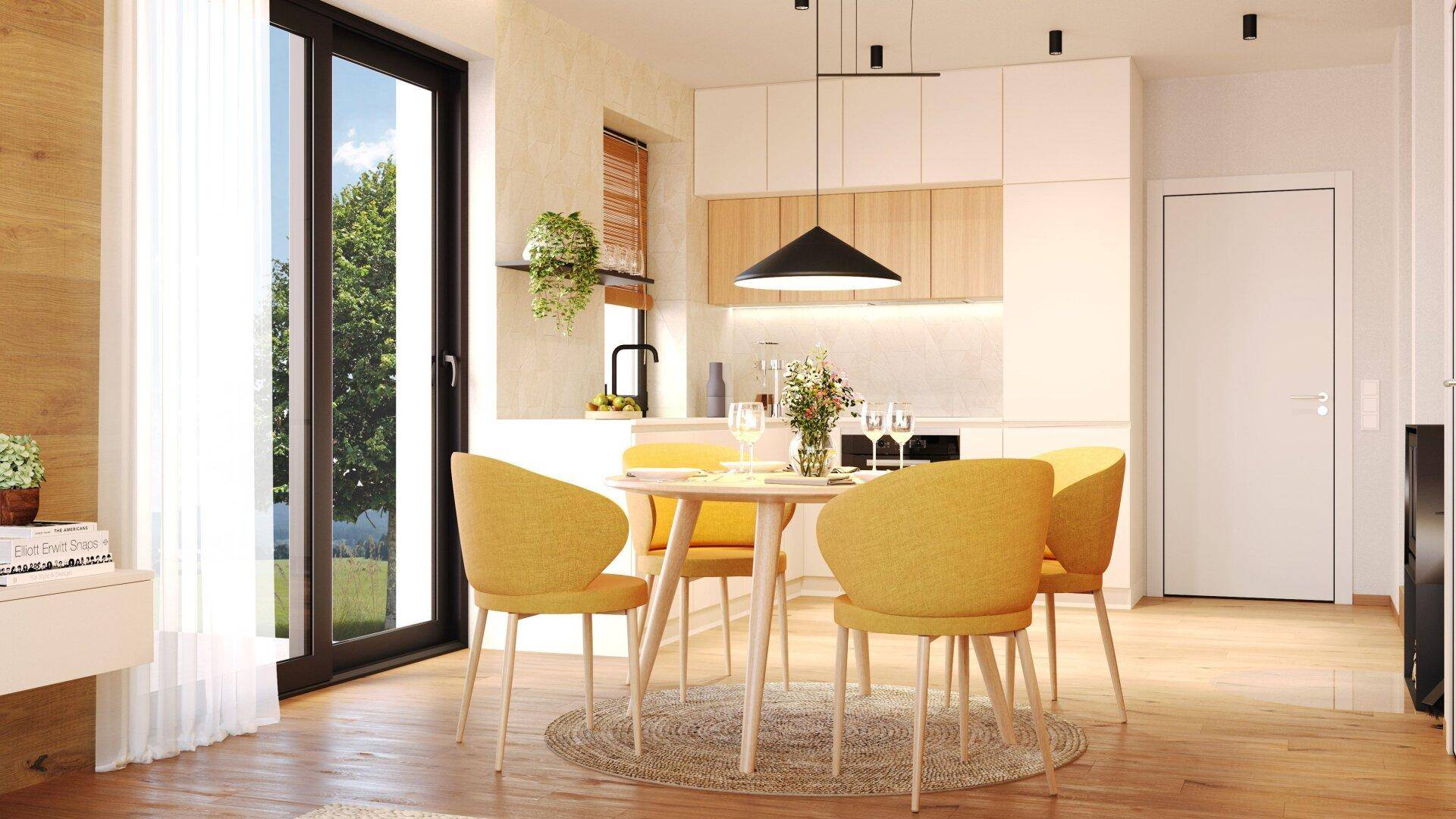 Offener Wohn-Essbereich mit moderner Küche, Holzboden und Zugang zur Terrasse.