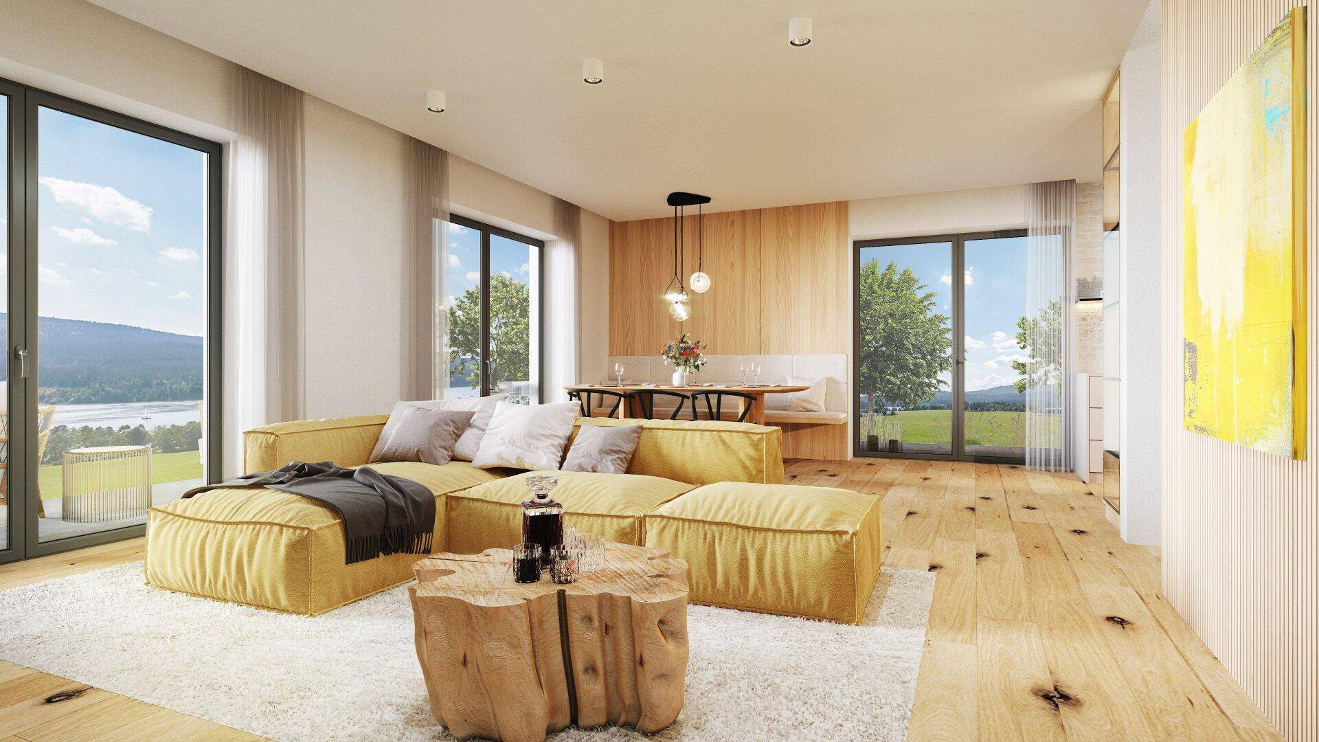 Helles, modernes Wohn-Esszimmer mit großen Fenstern, Holzboden und Blick ins Grüne.