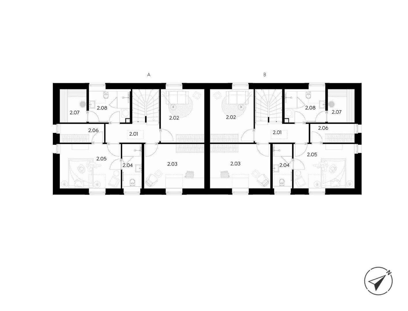 Grundriss des Obergeschosses eines Doppelhauses mit Schlafzimmern und Bädern.