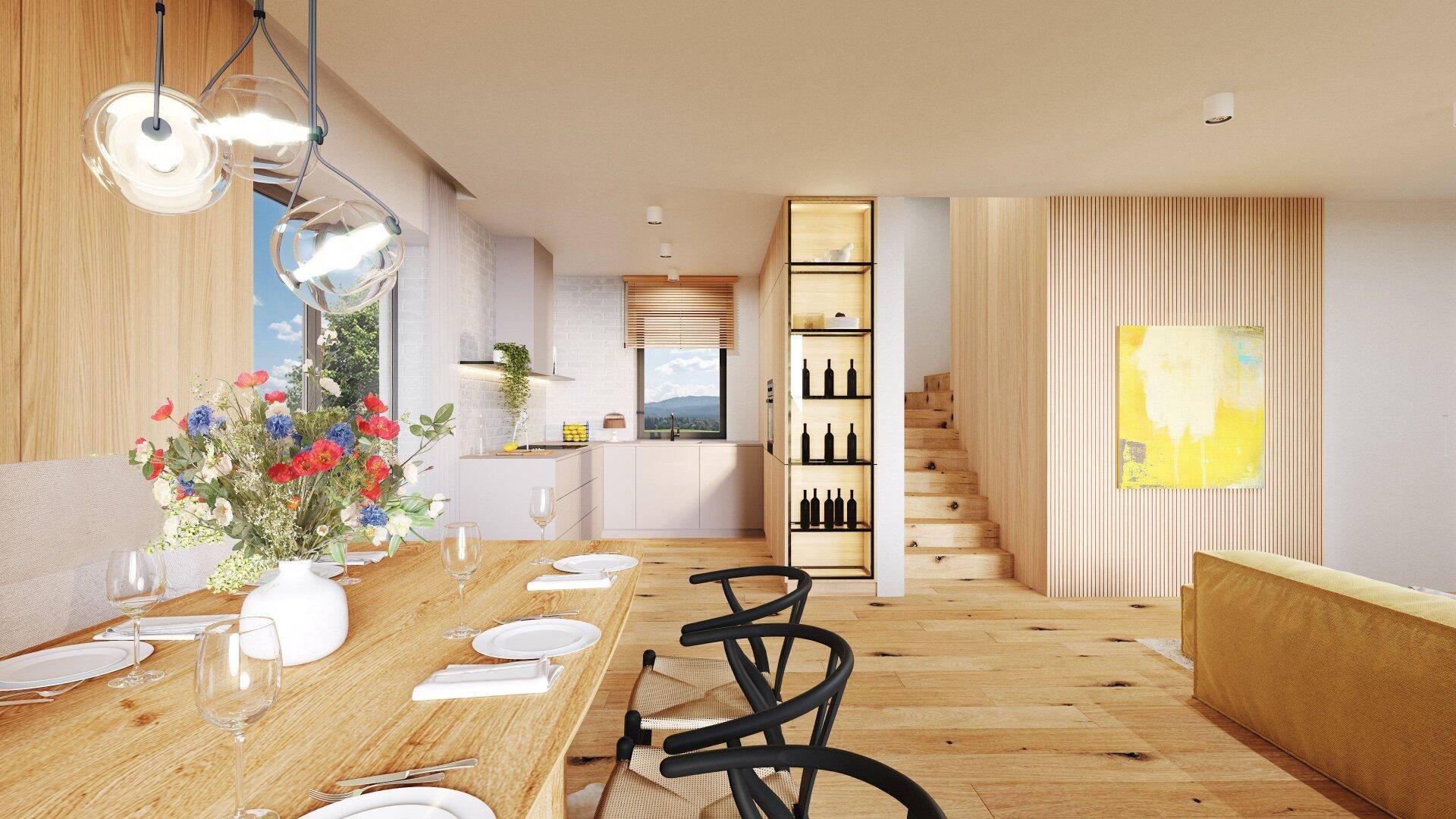 Offener Essbereich mit Holztisch, moderner Küche im Hintergrund und Blick nach draußen.