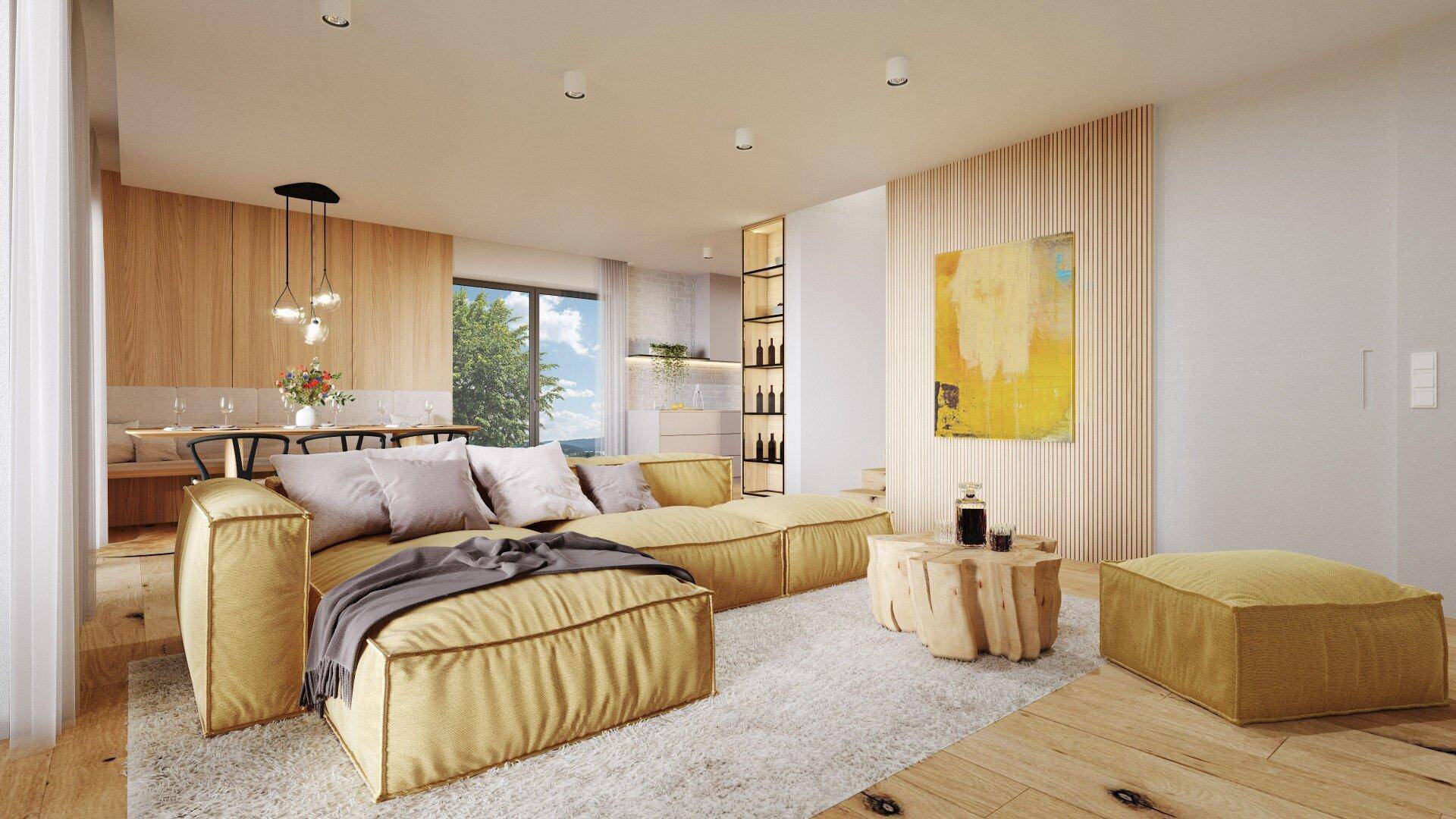 Modernes Wohn-Esszimmer mit gelbem Sofa, Holzwandverkleidung und offener Gestaltung.