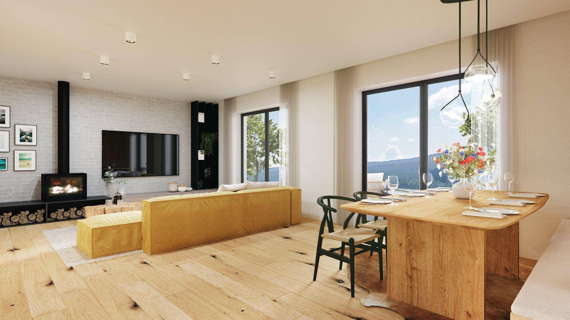 Geräumiges Wohn-Esszimmer mit Kamin, großen Fenstern und hellem Holzboden.